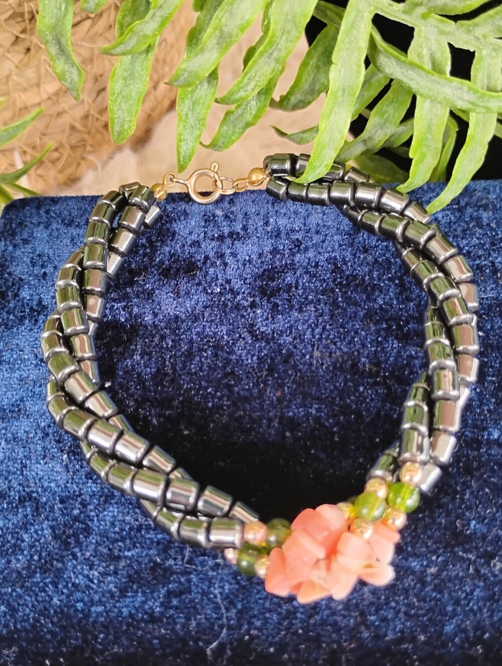 Handcrafted Hematite and Coral Flower Beaded Bracelet